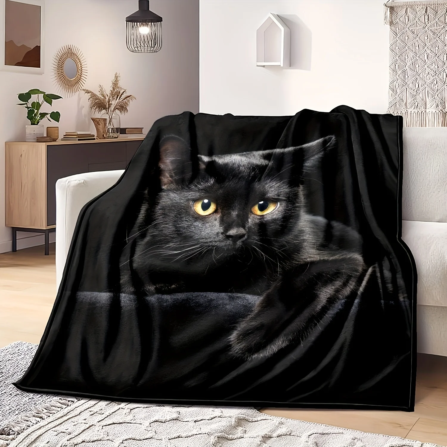 Flanelldecke mit schwarzem Katzenmuster, weich, warm, Überwurf für Couch, Sofa, Büro, Bett, Camping, Reisen, gemütliche Nickerchendecke
