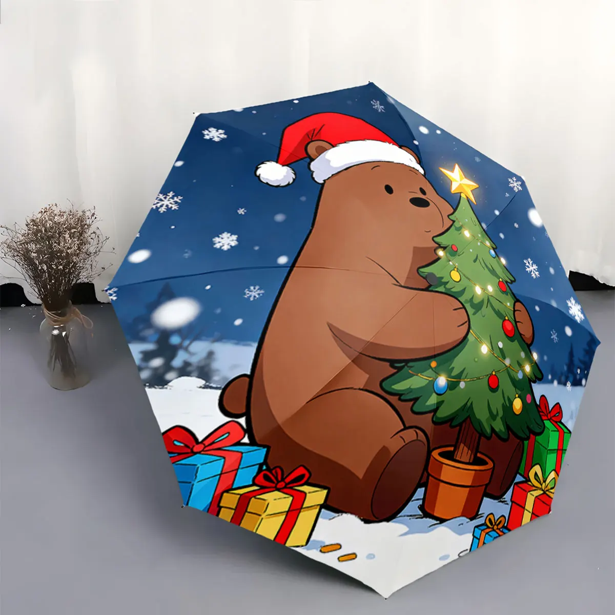 Cute Bear Hugging Christmas Tree Snowy Holiday Scene portable waterproof sun rain umbrella for outdoor travel beach
