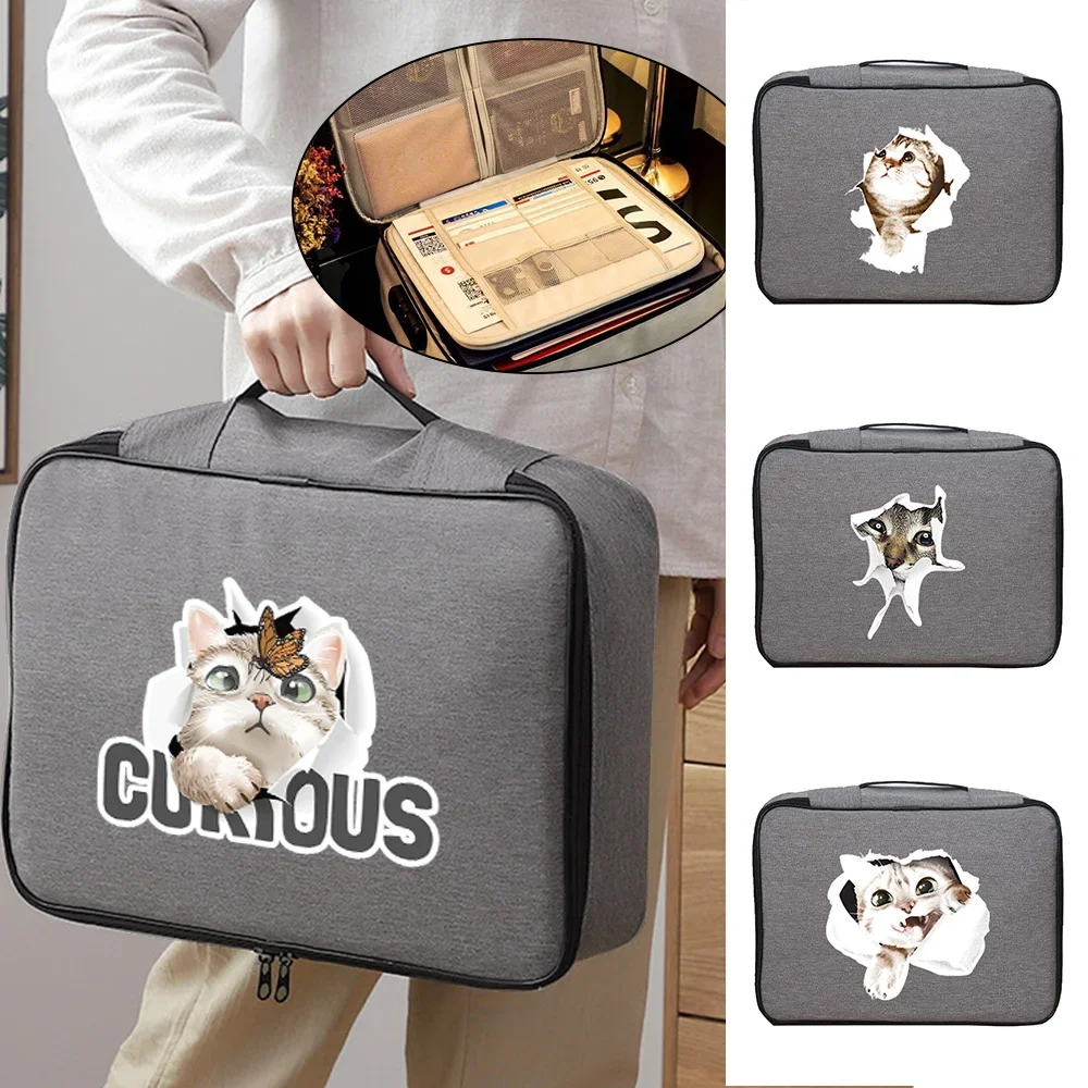 

Men Tote Documents Organizer Briefcase File Lockbox Cat Print Large Women Bag Travel Credentials Wallet Luggage Storage Handbags