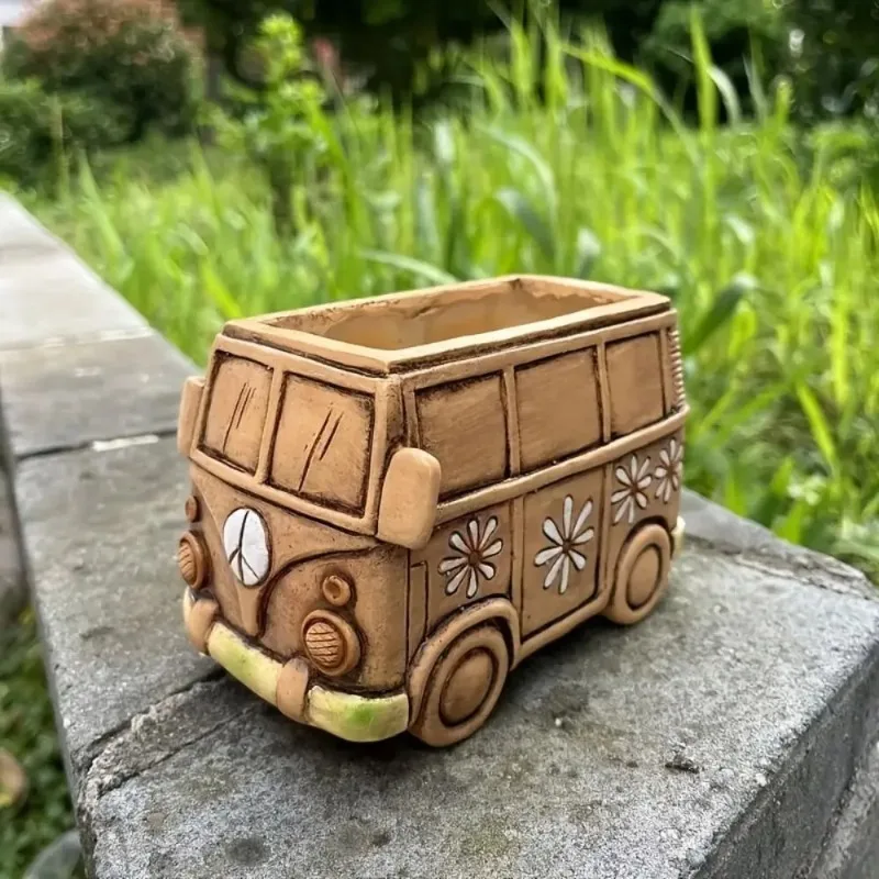 

Desktop Ornament Resin Bus Flower Pot Cartoon Vintage Car Plant Pot Creative Personality Flower Vase Gift