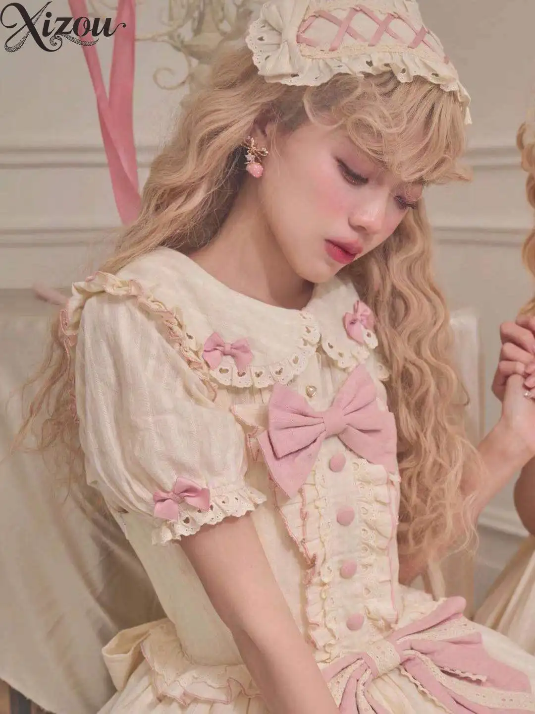 

Short-sleeved Tops Lolita Shirts Inner Doll Collar Bow Cute Womens Top Summer Versatile Casual Blusas Femininas Elegantes