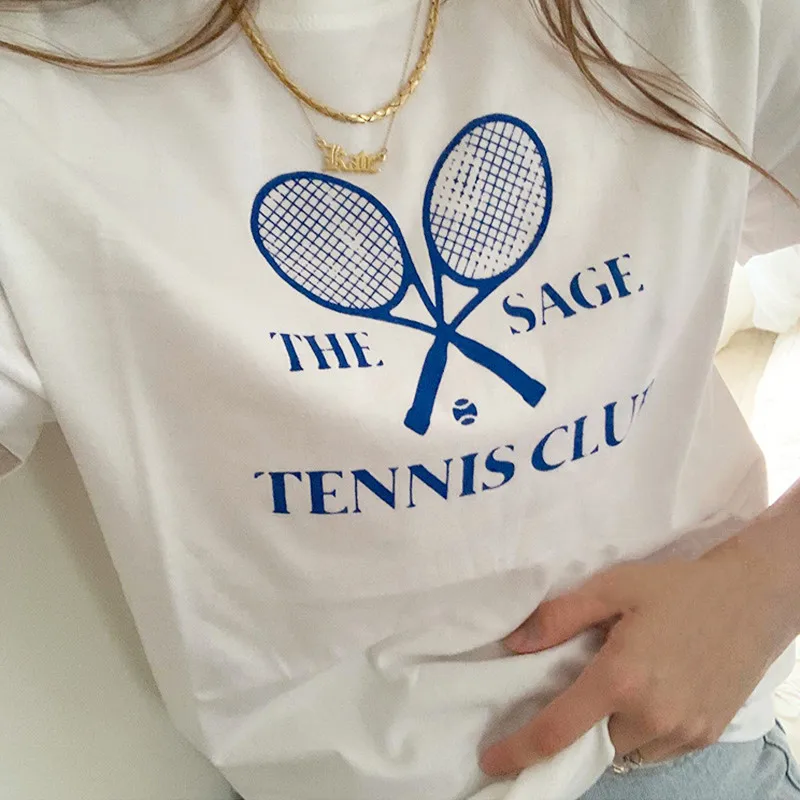 The Sage Tennis Club American Vintage Style White Shirts For Women Short Sleeve Loose Cotton Summer Tops Ins Fashion Tees 2024