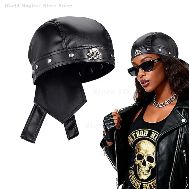 Black Faux Leather Head Wrap Hat, Punk Pirate Style Beanie for Party Bar Music Festival Biker Motorcycle Riding Fashion Headwear