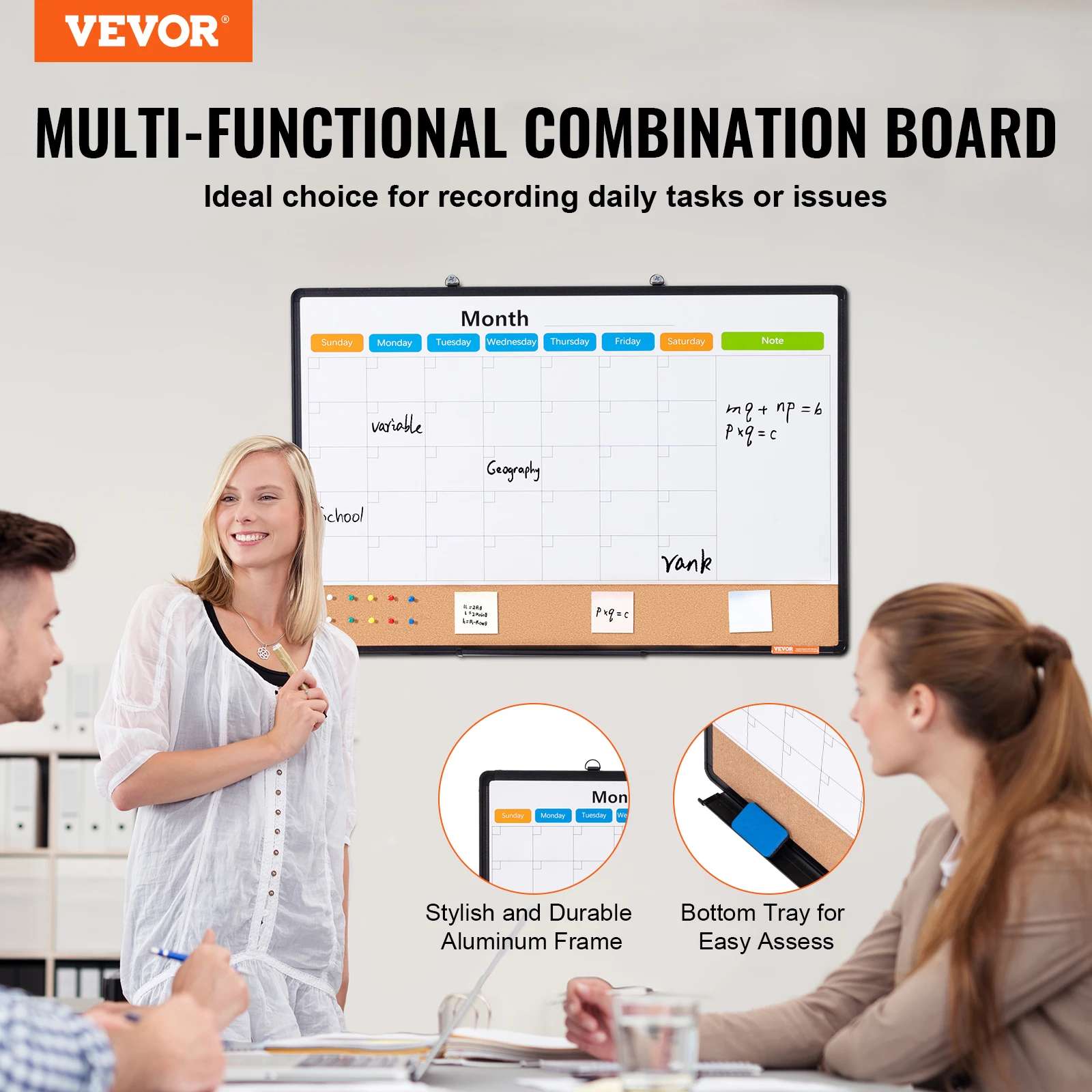 VEVOR Monthly Calendar Whiteboard and Cork Board Combo with Aluminum Frame Magnetic Dry Erase Bulletin Board for School Office