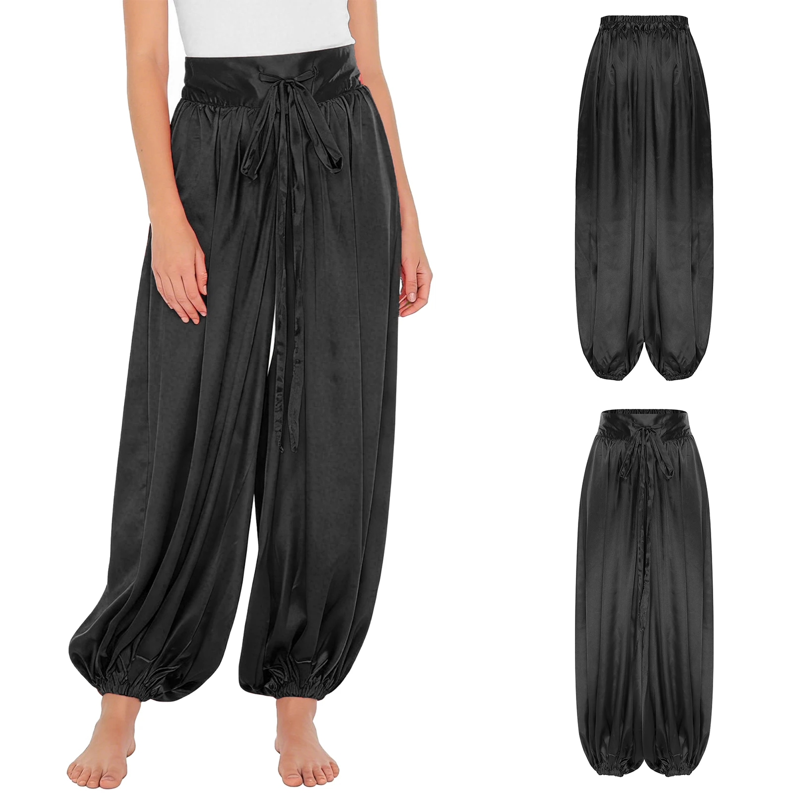 Damskie spodnie haremki z satyny ze sznurkiem w pasie, do tańca brzucha, arabskie, z motywem magicznej lampy, kostium na imprezę cosplay, luźne spodnie typu latarnia do tańca brzucha.