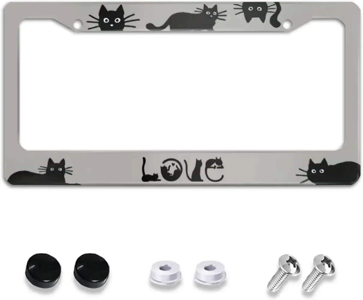 Black Cat Love License Plate Frame Novelty Car Tag Holder 2 Holes Cute Animal License Plate Covers with Screw Caps for Men Women