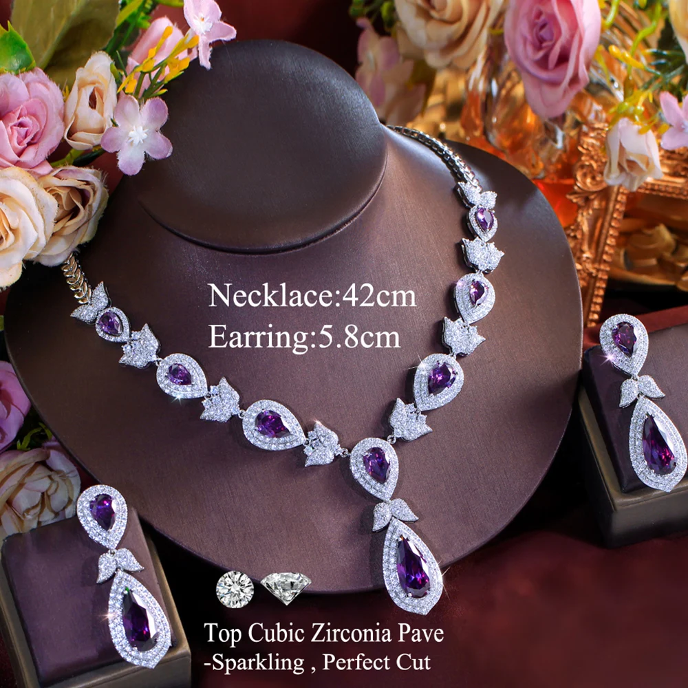 BeaQueen Gorgeous Charming Purple CZ Crystal Big Water Drop Necklace Earrings Sets for Women Engagement Party Jewelry Gift T0992