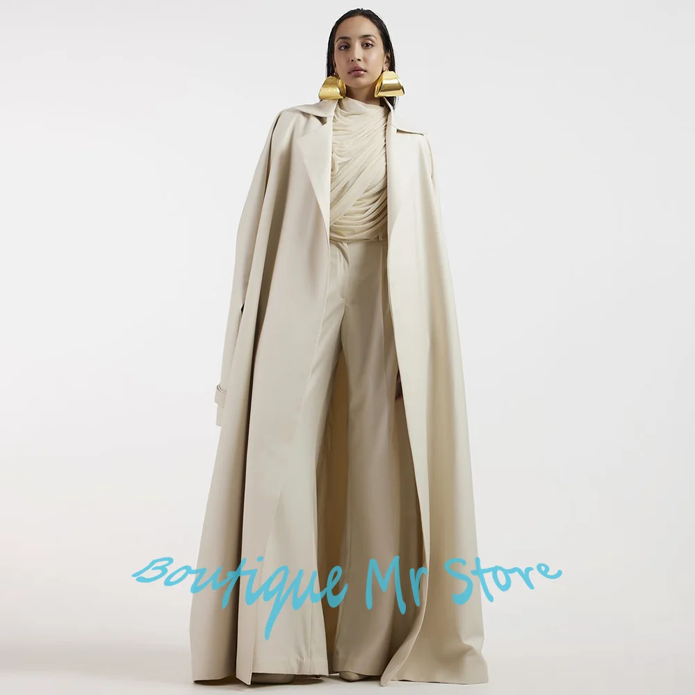 Professional Women's Beige Maxi Trench Coat Set with Wide Notch Lapel Elegant and Dramatic Outerwear Business Office Lady Wear