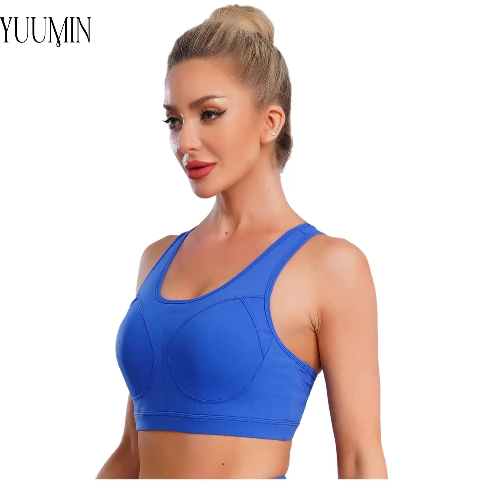 

Womens Stretchy Cutout Back Sports Bra Top High Support Padded Cup Racerback Cropped Tank Top Workout Running Yoga Vest Costume