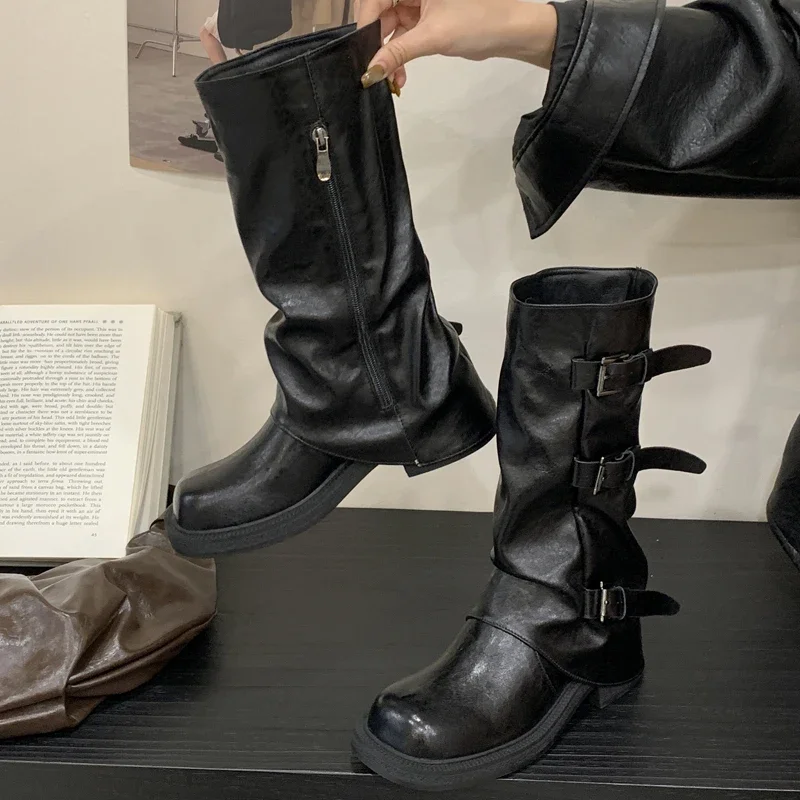 

Aneikeh/модные женские ботильоны с круглым носком и пряжкой на молнии, весенне-осенняя обувь на квадратном низком каблуке, Zapatos De Mujer