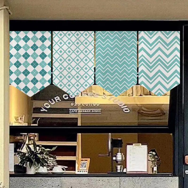 VIKAMA Teal Chevron Diamond Curtain, Geometric Lattice Print Hanging Flag for Cafe Window Triangle Bunting Pennant Garland