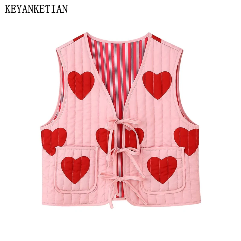 EllYANEllTIAN-Gilet fin à col en V pour femme, haut doux, impression d'amour, glaçage rembourré, nœud décoratif à lacets, nouveau, automne 2024