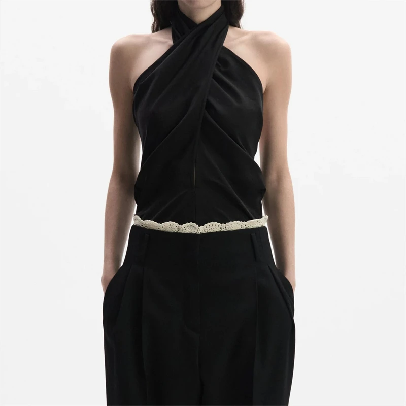 

High-Quality Summer New Linen Blend Cross-Neck Drapey Vest Women's Fashion Sexy Hollow out Evening Wrap Chest Evening Gown