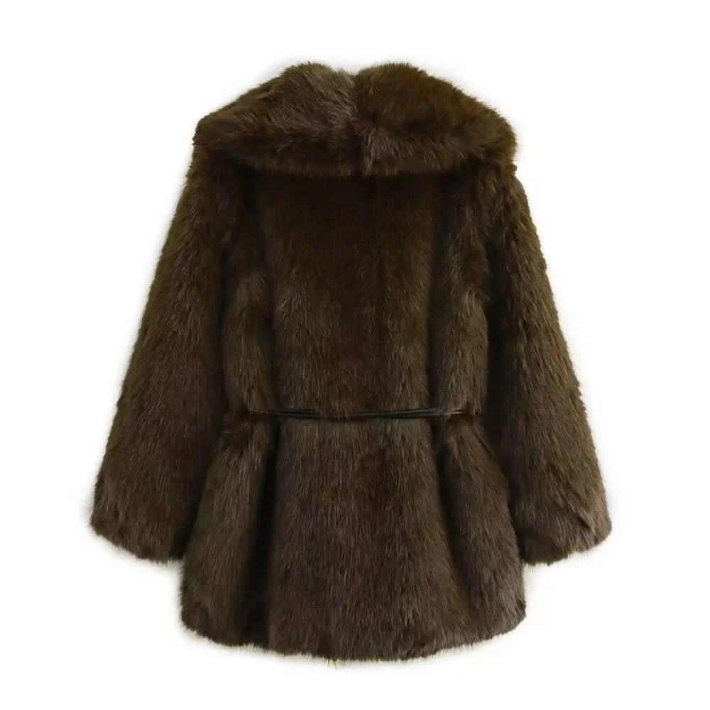 Women's fashion faux fur lapel waist coat with waistband decoration autumn and winter new warm and loose faux fur coat