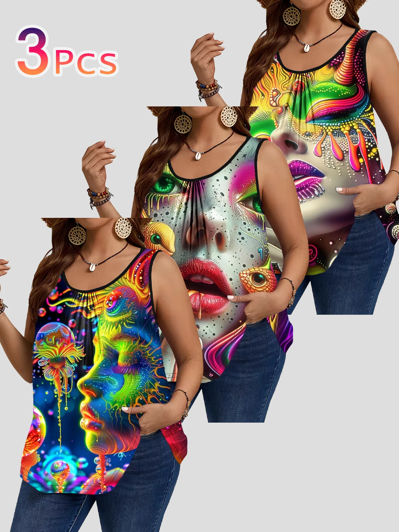 3-Piece Set of Large Size Cyber Neon Painted Portrait Tank Tops, Ruched Round Neck Sleeveless Casual Women's Clothing, Slimming and Flattering