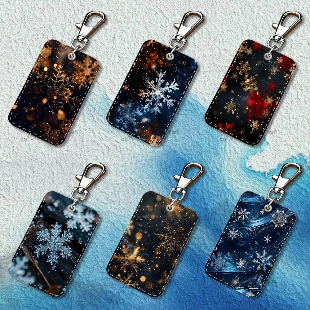 

Beautiful Snowflak Christmas Rectangle Access Card Case Leather Card Holder Keychain Key Ring Transportation Card Case