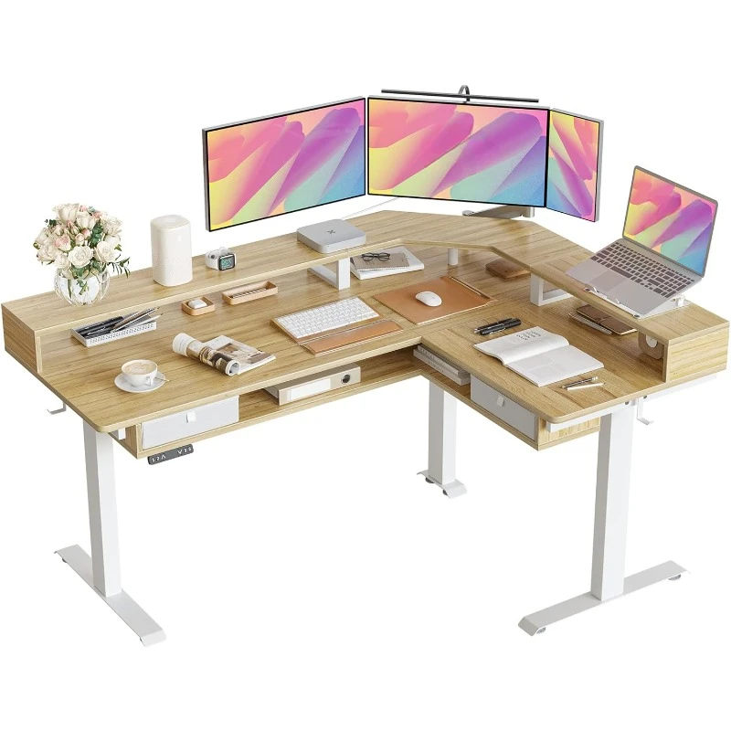 L Shaped Standing Desk with LED Strip and 2 Drawers Storage Shelves Available Electric Height Adjustable for Home Office