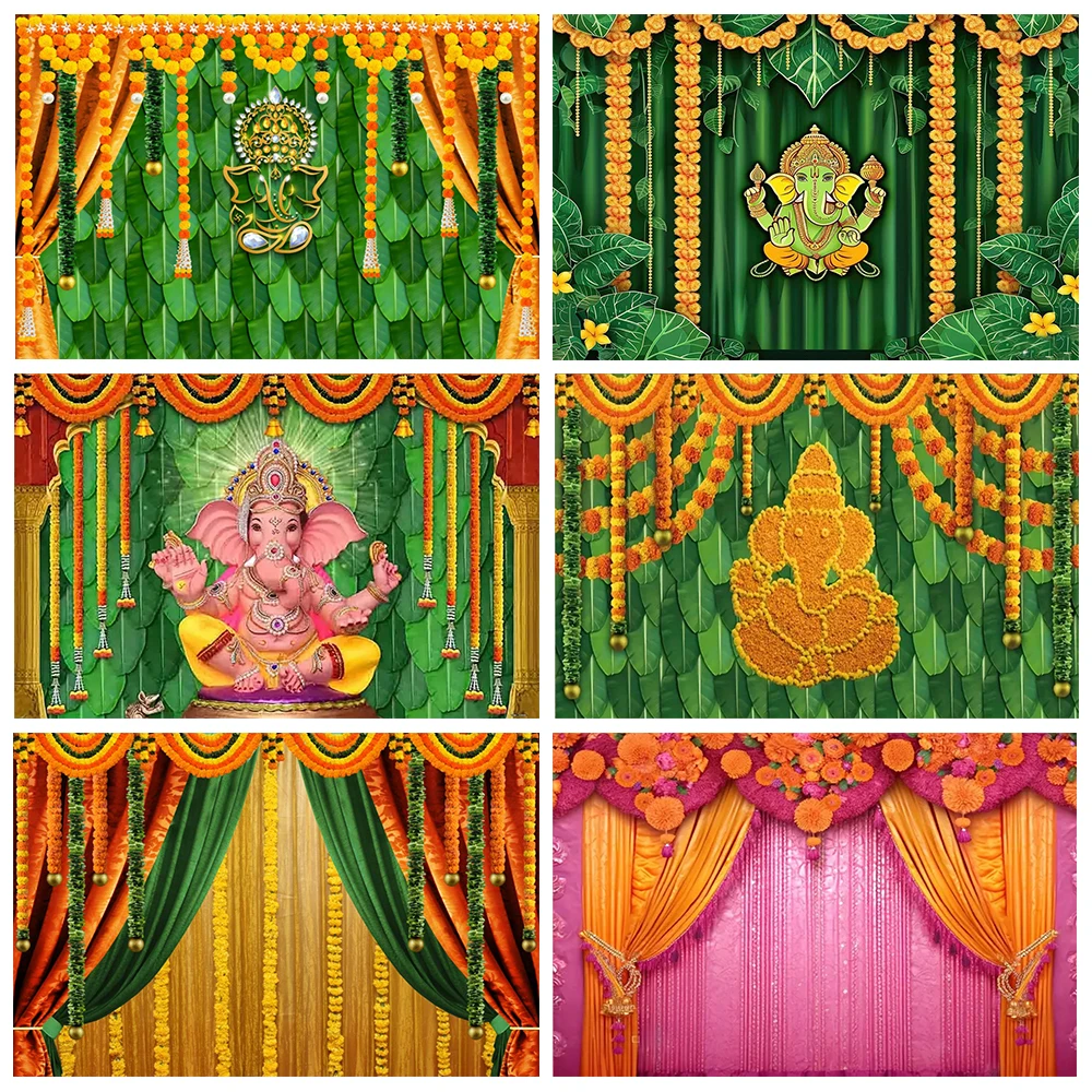 

Hindu Elephant Head God Curtain Backdrop Green Leaf Holi Flowers Indian Traditional Wedding Anniversary Banner Photography Props