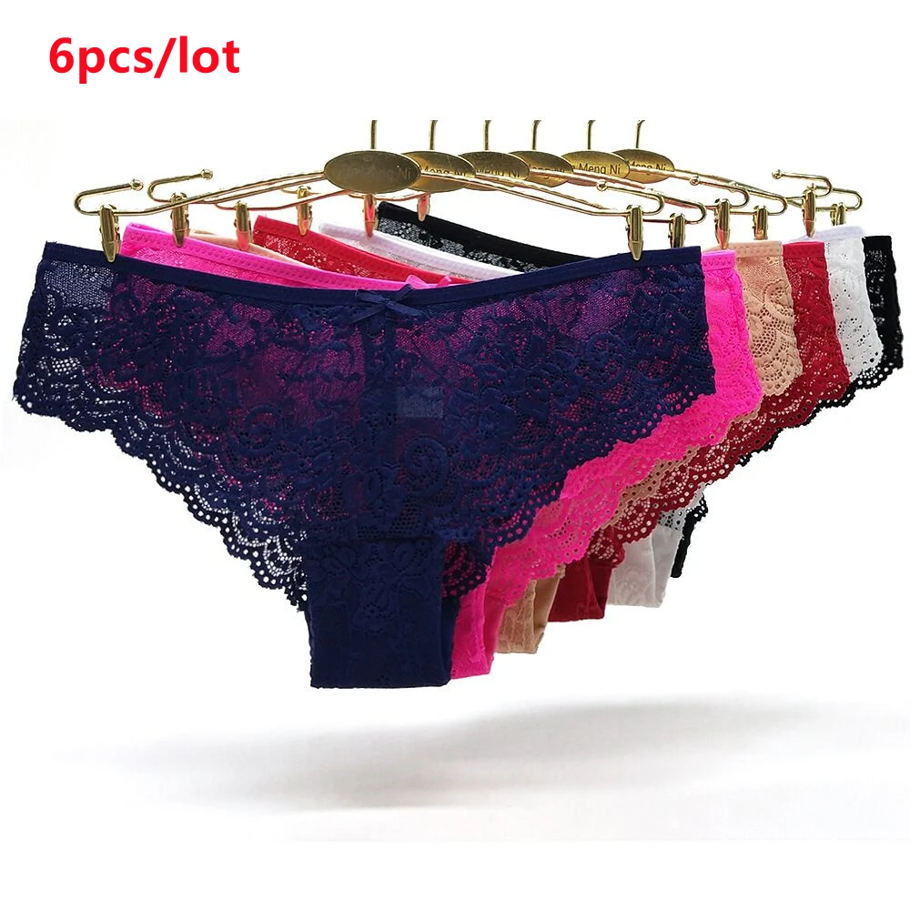 

6pcs/lots Women Briefs Sexy Full Lace Panties Hollow Out Low-waist Female Shorts Soft Solid Color Breathable Underwear Fast Ship