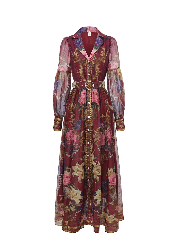 

Women's Floral Maxi Dress Shirt Long Sleeve A-Line Pleated Elegant Summer Holiday Single-Breasted Party Dress