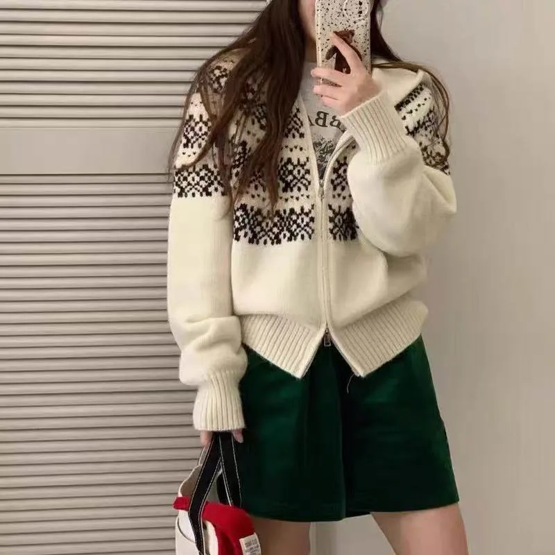 

French gentle style jacquard hooded sweater jacket women's autumn and winter loose contrast color knitted cardigan red 12