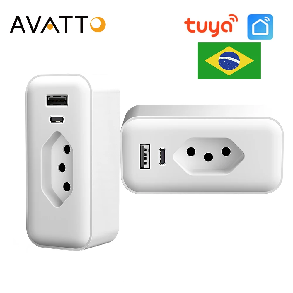 AVATTO Tuya Brazil WiFi Wall Socket Smart Plug With USB Type C Port Smartlife APP Remote Timing Control Works With Alexa Google