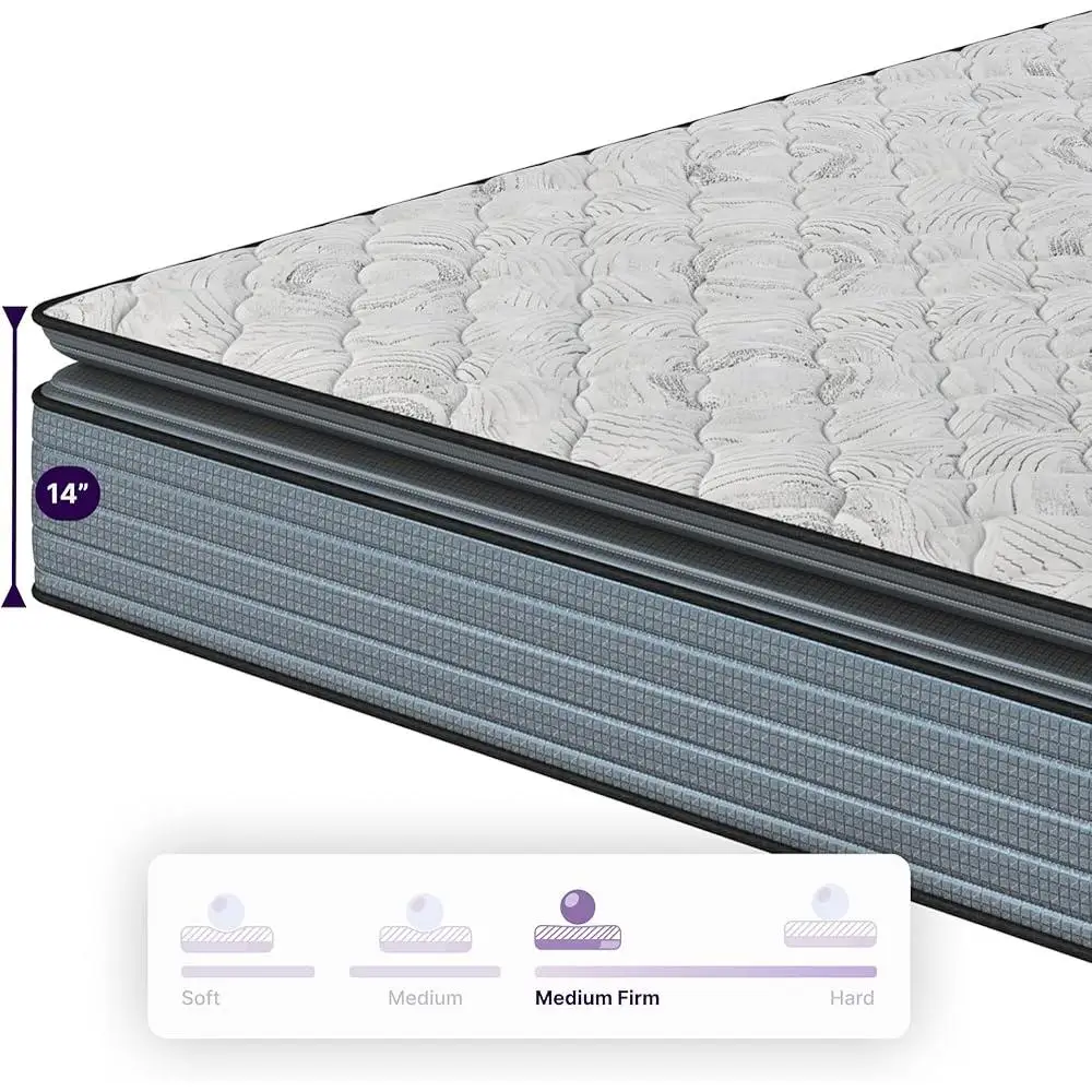 وسادة هجينة مقاس 14 بوصة مرتبة كوين متوسطة الصلابة تدعم شهادة PUR-US معتمدة لتخفيف الضغط وعزل الحركة قابلة للتنفس