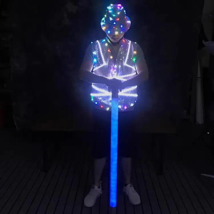 Bar LED Light Sequin Hat Nightclub Flashing Clothes Bright White Flash Suit Outfit Youth Short Sleeve Shorts