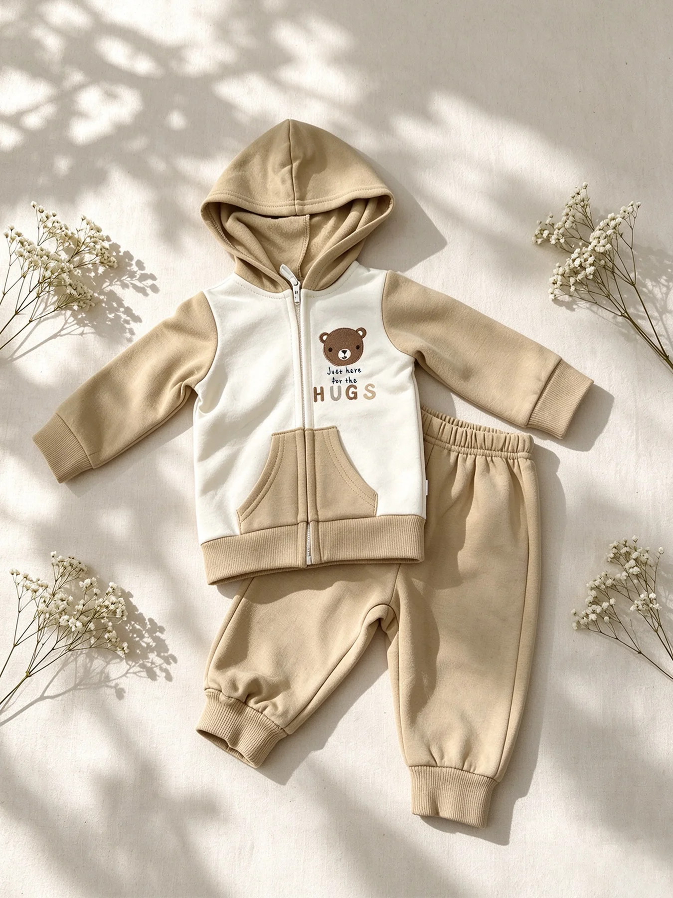 Cartoon Bear Color-Blocked Baby Boy Hooded Two-Piece Set—Fall/Winter Zipper Outfit for Boys: Plush, Warm, and Stylish