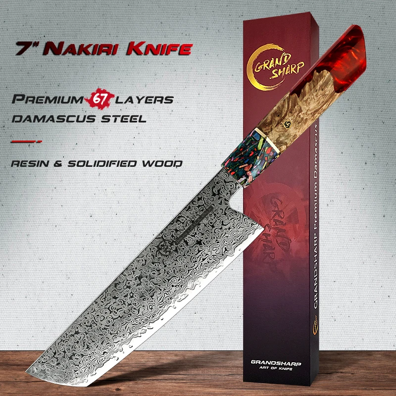 Japanese Damascus Nakiri Knife AUS-10 Stainless Steel Kitchen Cooking Vegetables Cutting Tools Red Handle Cleaver Chopping New