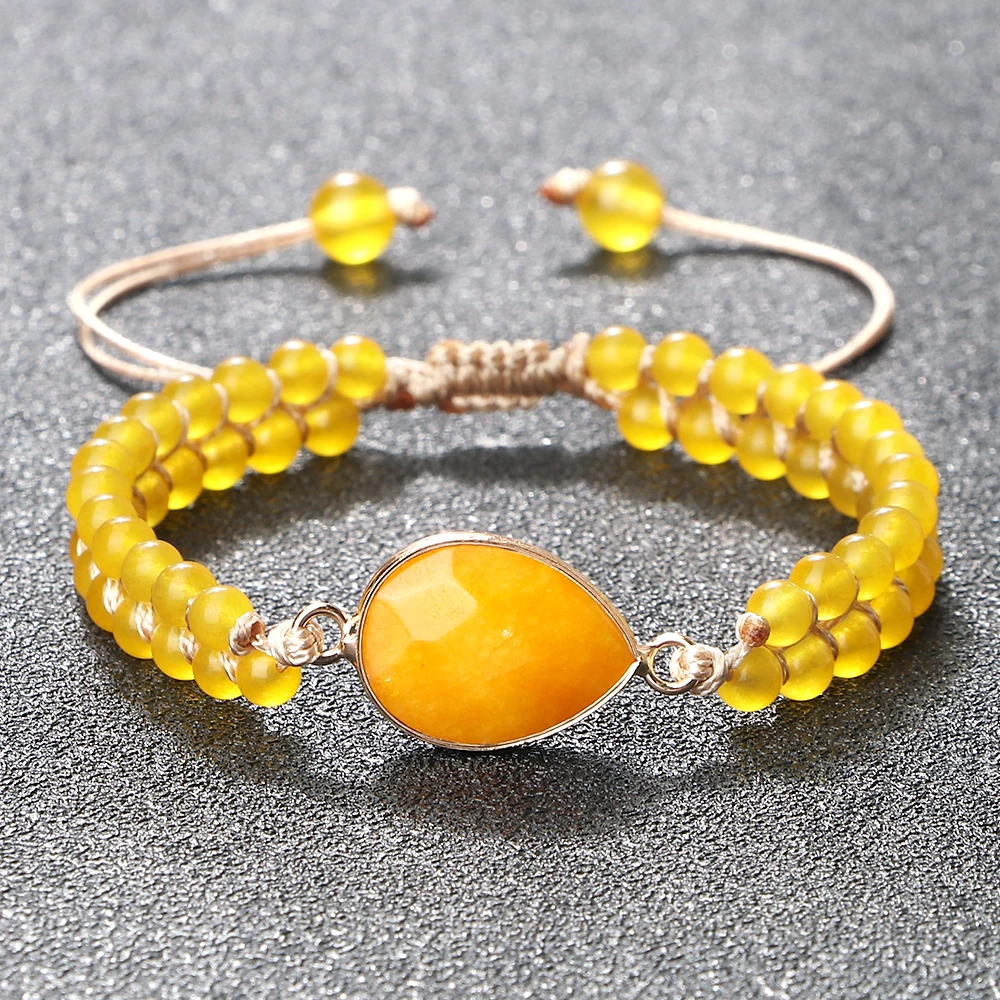 Natural Stone Pendant Bracelet Round Square Yellow Chalcedony 4mm Bead Braided Rope Fashion Charm Bangles For Woman Man Jewelry