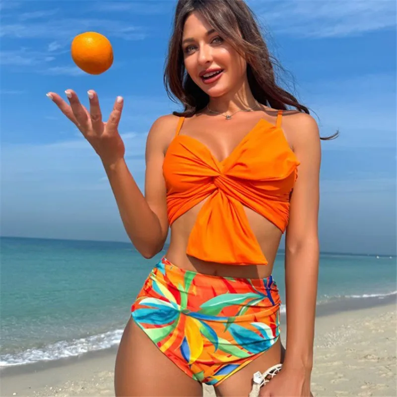 2025 Popular Cross Bikinis Set for Woman Bow Bandeau Swimwear High Waist Printed Bikini Adjustable Strapy Bathing Suit Biquini