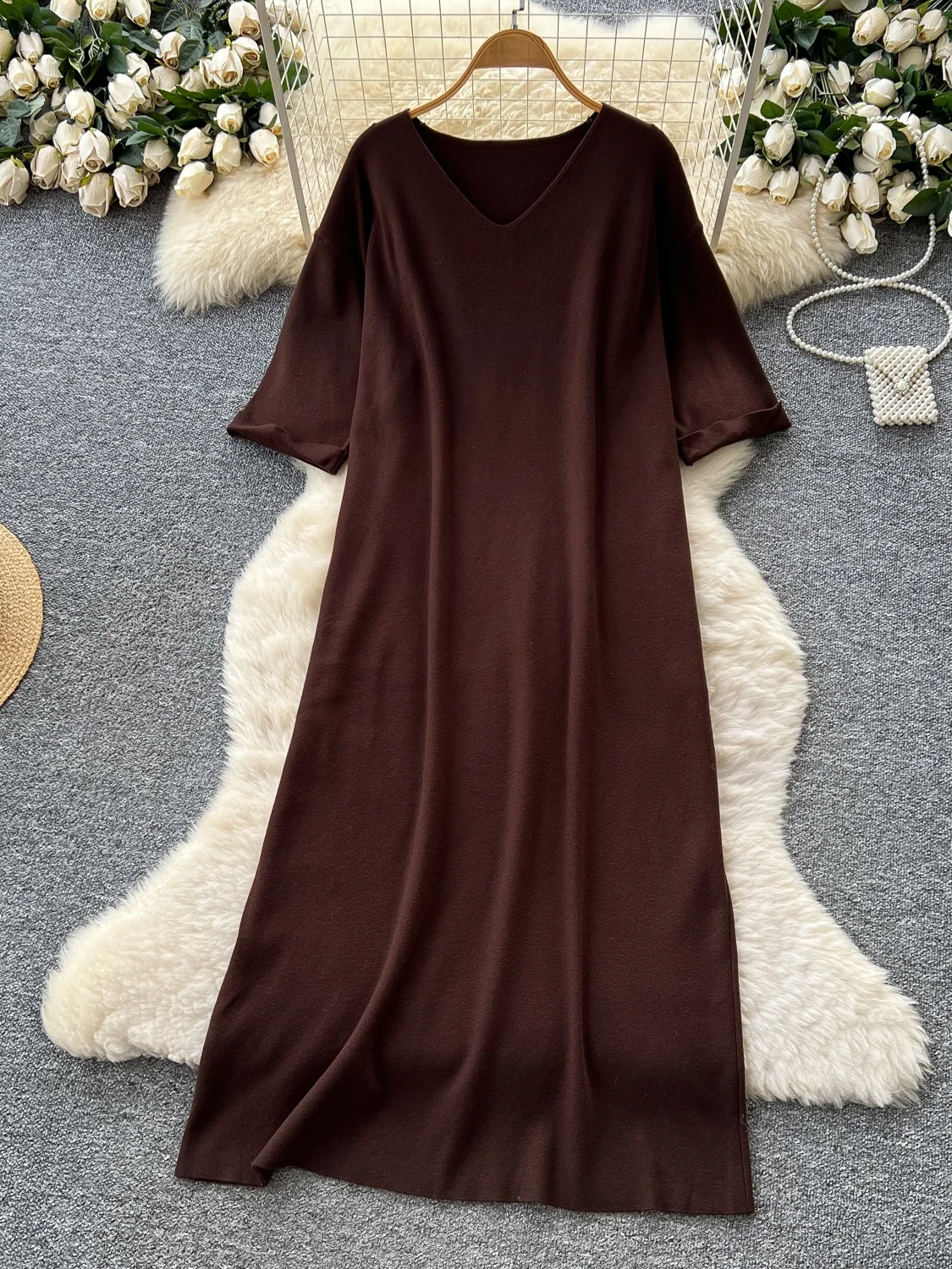 Vestido Casual de Manga 5/8 com Decote em V Estilo Relaxado Vestido de Suéter Solto e Emaecido para Mulheres Cintura Alta A...