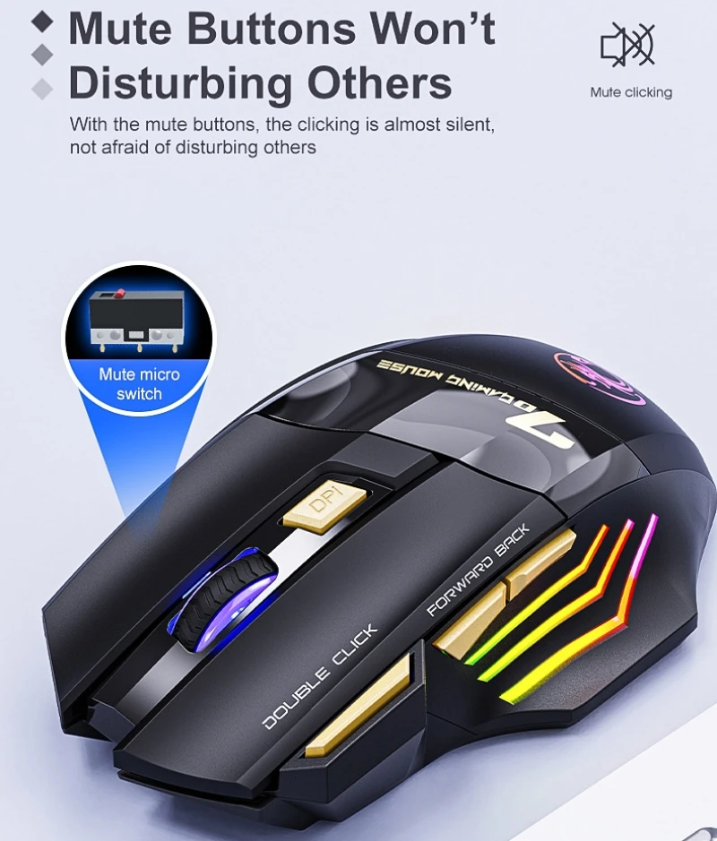 Wireless Gaming Mouse 2.4G Bluetooth Dual Mode 7 Keys 3200 DPI Regulation Mice with Muted Click RGB Lighting Recharge USB GWX7