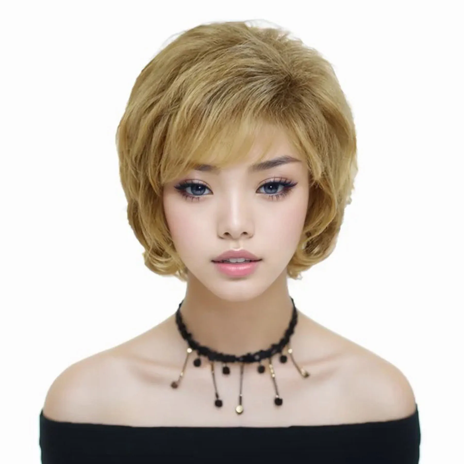 

Blonde Wig with Bangs Synthetic Short Haircuts Mommy Wigs for Women Natural Wavy Curly Layered Casual Wig Mixed Blond Color Wig