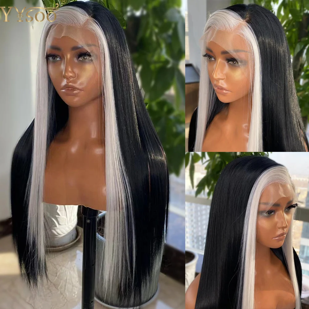 YYsoo Long Straight 13x4 Futura Synthetic Lace Front Wigs For Black Women Pre Plucked Hairline Hand Tied White With Black Wig