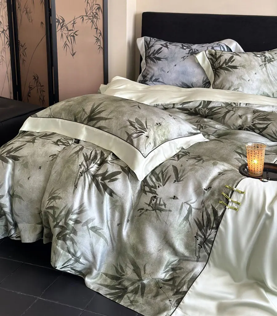 Elegant traditional chinoiserie blue green bamboo bed set,full queen king cotton home textile bed sheet pillow case duvet cover