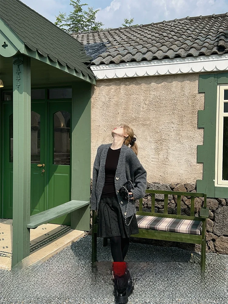 

Женский вязаный кардиган с V-образным вырезом, новинка ранней осени, длинный рукав, ретро-стиль, приталенный свитер-жакет из полиэфирного волокна, однотонный