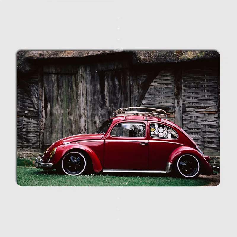 Red VW Beetle Compact Car Retro Classic Car Metal Poster Sign Custom Tin Wall Decor Club Garage Drawing Room Decor Home Decor