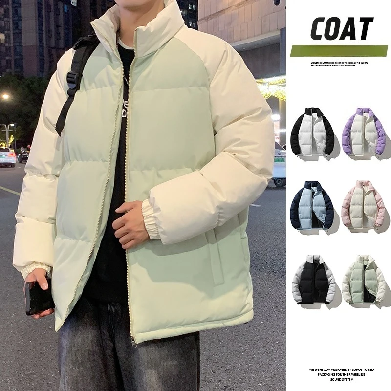 

Korean Streetwear Patchwork Parkas Men Cotton Padded Jacket Stand Collar Windproof Overcoat Men's Winter Coat Man Fashion Parkas