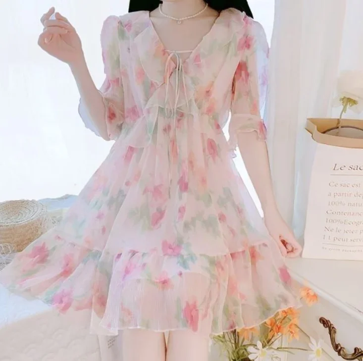 Vestido urbano de estilo francés para mujer, vestido elegante de estilo de hadas con estampado Floral fresco, cuello en V, manga corta, cintura alta, corte en A