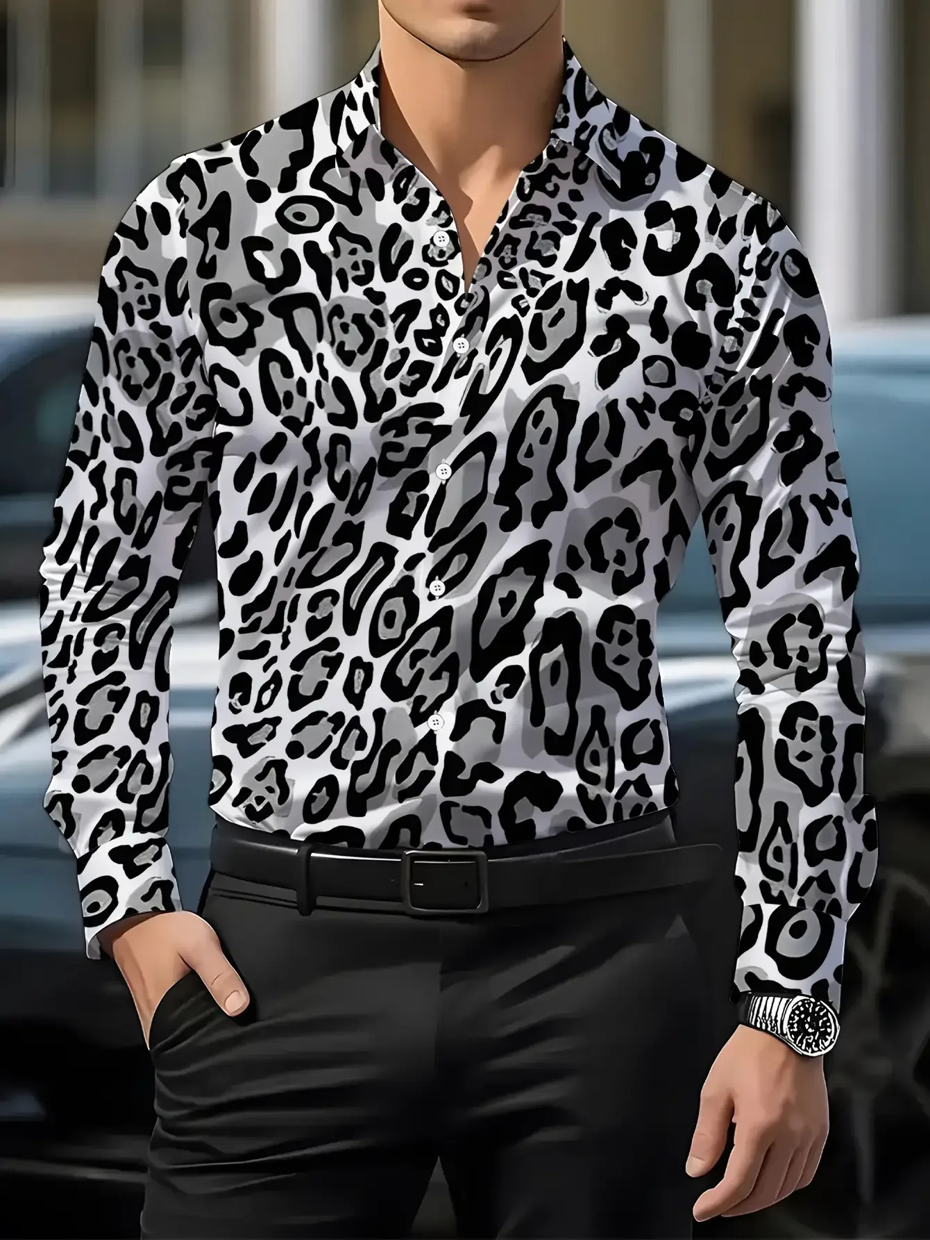 Camisa masculina de manga comprida com estampa estilo leopardo, camisa masculina estampada com estampa de leopardo personalizada,