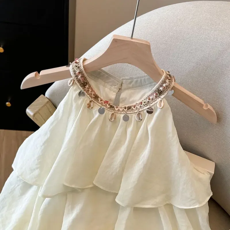 صيف جديد أنيق الرسن قمصان النساء الكورية موضة الديكور الكشكشة المرقعة الوردي البلوزات السيدات بلا أكمام بلايز عادية #5