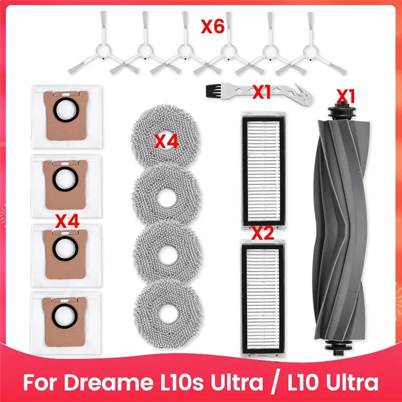 

A24F-Аксессуары для робота-пылесоса Dreame L10s Ultra / L10 Ultra: основная и боковые щетки, HEPA-фильтры, салфетки для влажной уборки, мешки для сбора пыли