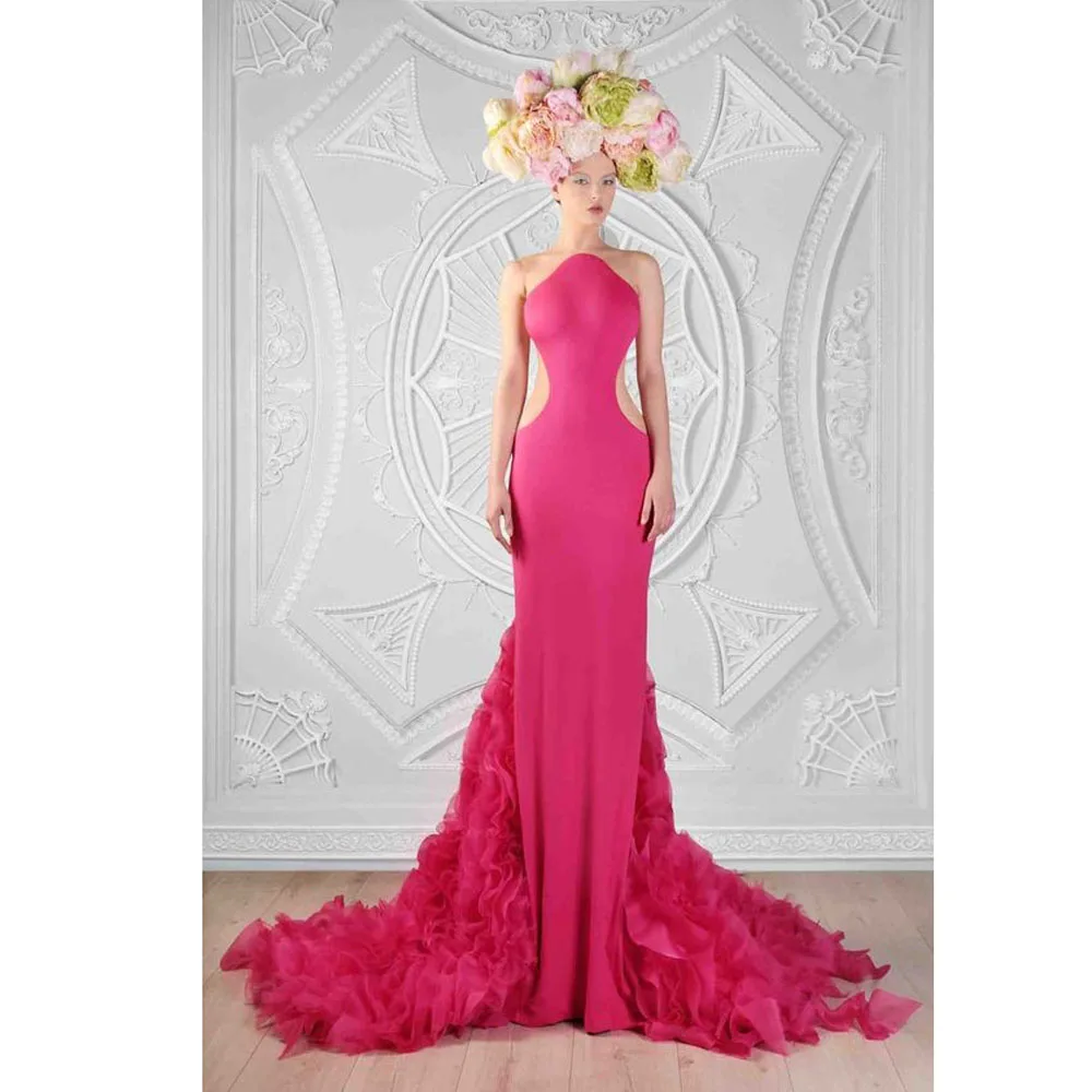 New Couture Fuchsia Mermaid Evening Dresses With Ruffles Trimmed Details Garden Pretty Long Formal Party Dress