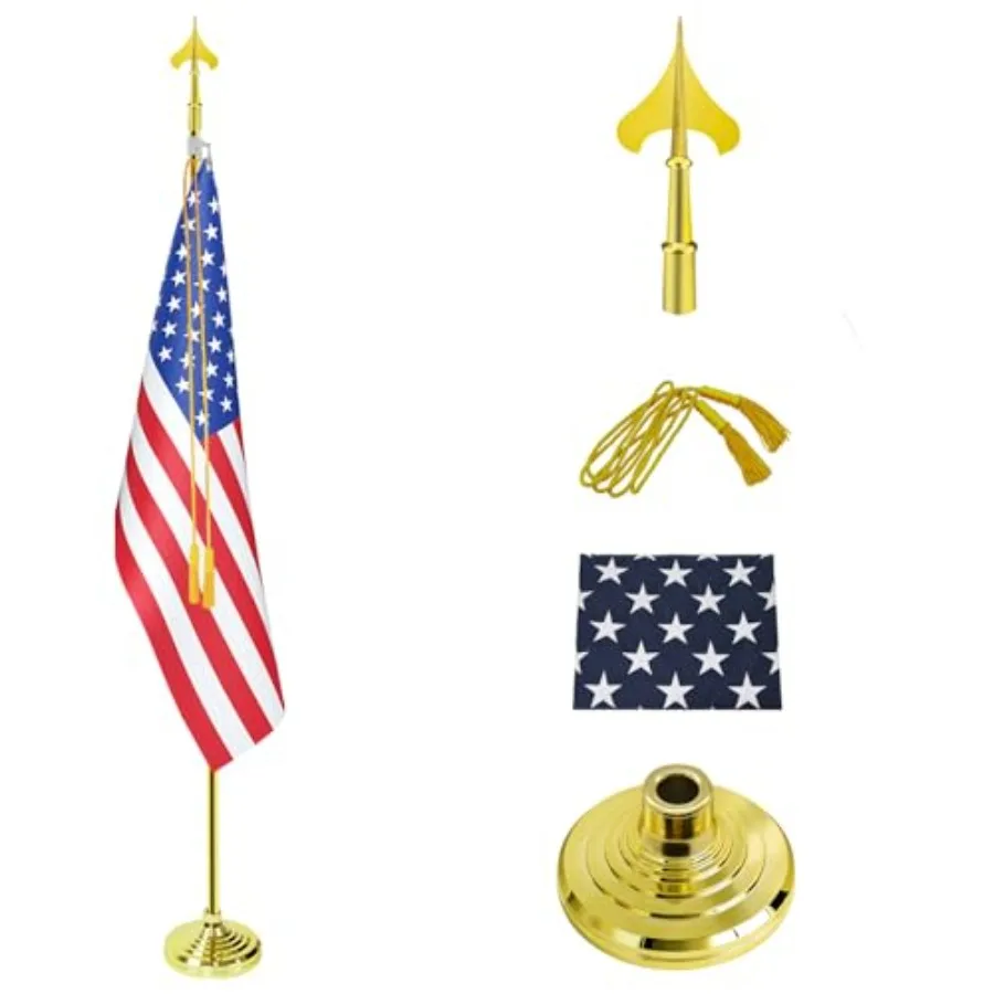 

Indoor Flag Pole Kit, Telescoping 6FT-8FT Flag Pole with Base, 3x5 Feet American Flag, Army Spear, Cord Tassel, Glod Flagpole a