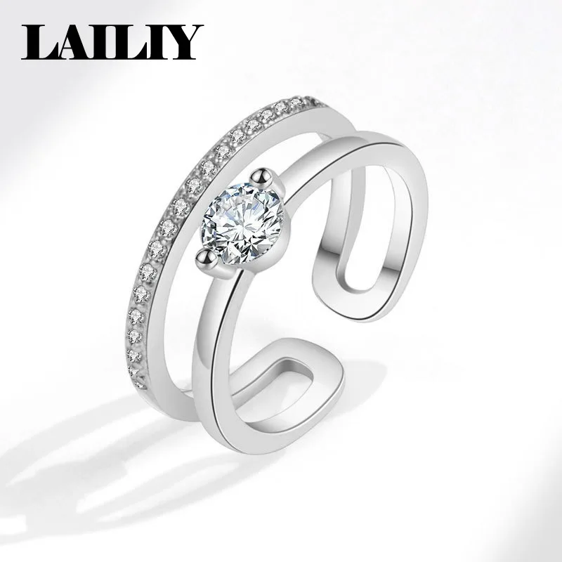 LAILIY925 Sterling Silver 18K Gold Birthday Gift Party Double Layer Micro Set Zircon Adjustable Ring for Women Fashion Jewelry