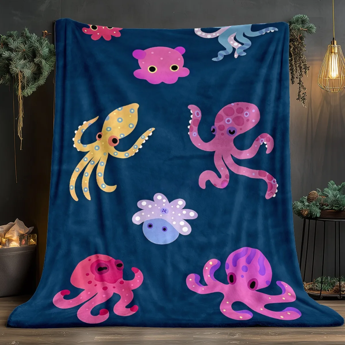 Colorful octopus sea creature blanket flannel ocean theme kids bedroom decor soft plush blanket marine life design