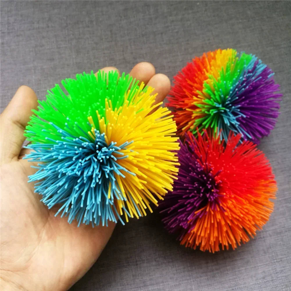 2Pc New Rainbow Fingertips Sensory Bouncy Ball Stringy Balls Great Sensory Fidget Toys Rainbow Pom Rubber Fur Ball Random Color