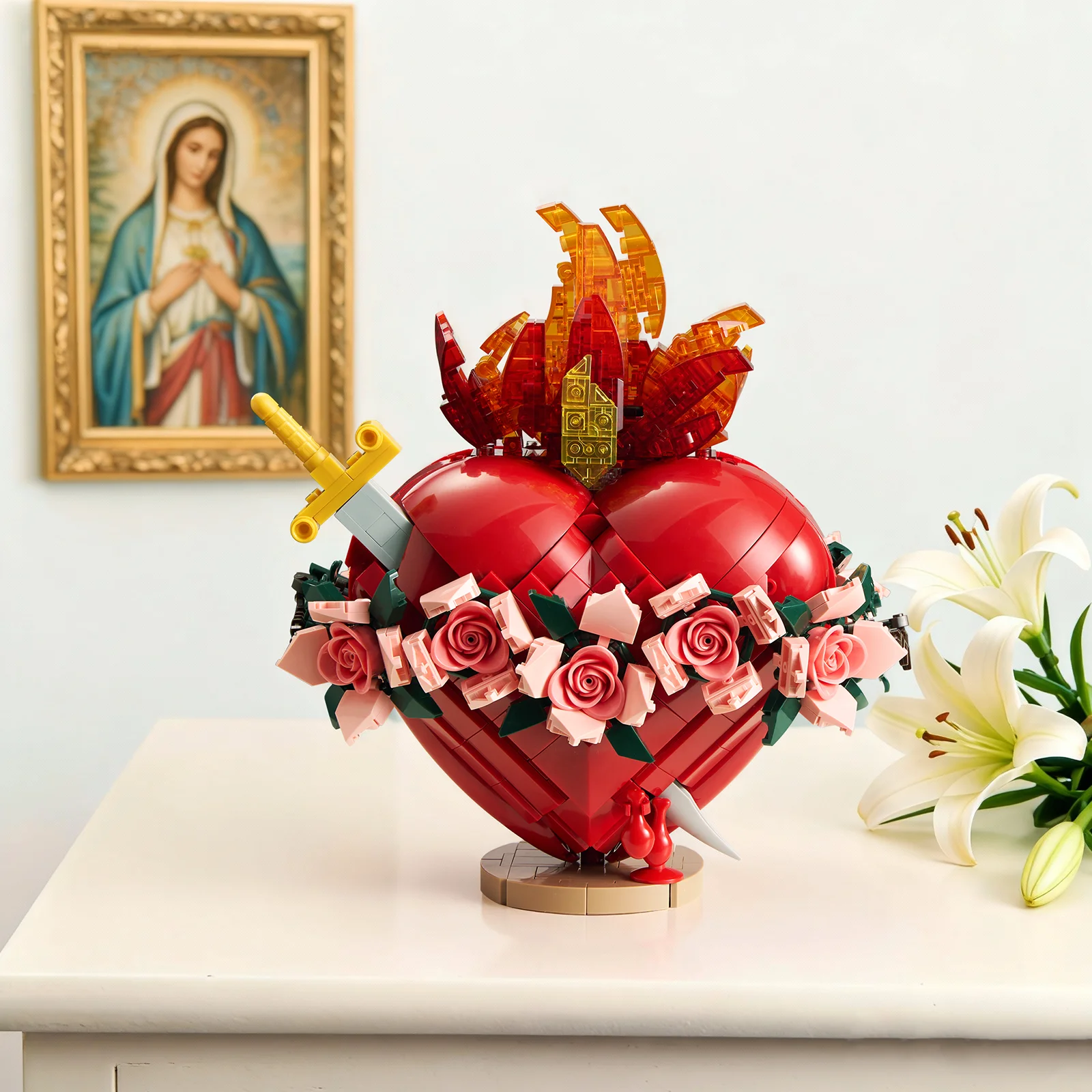 مجموعة مكعبات بناء قلب مريم المقدس مع ضوء LED، لعبة يسوع لتزيين غرفة الصلاة دينية مسيحية للبالغين